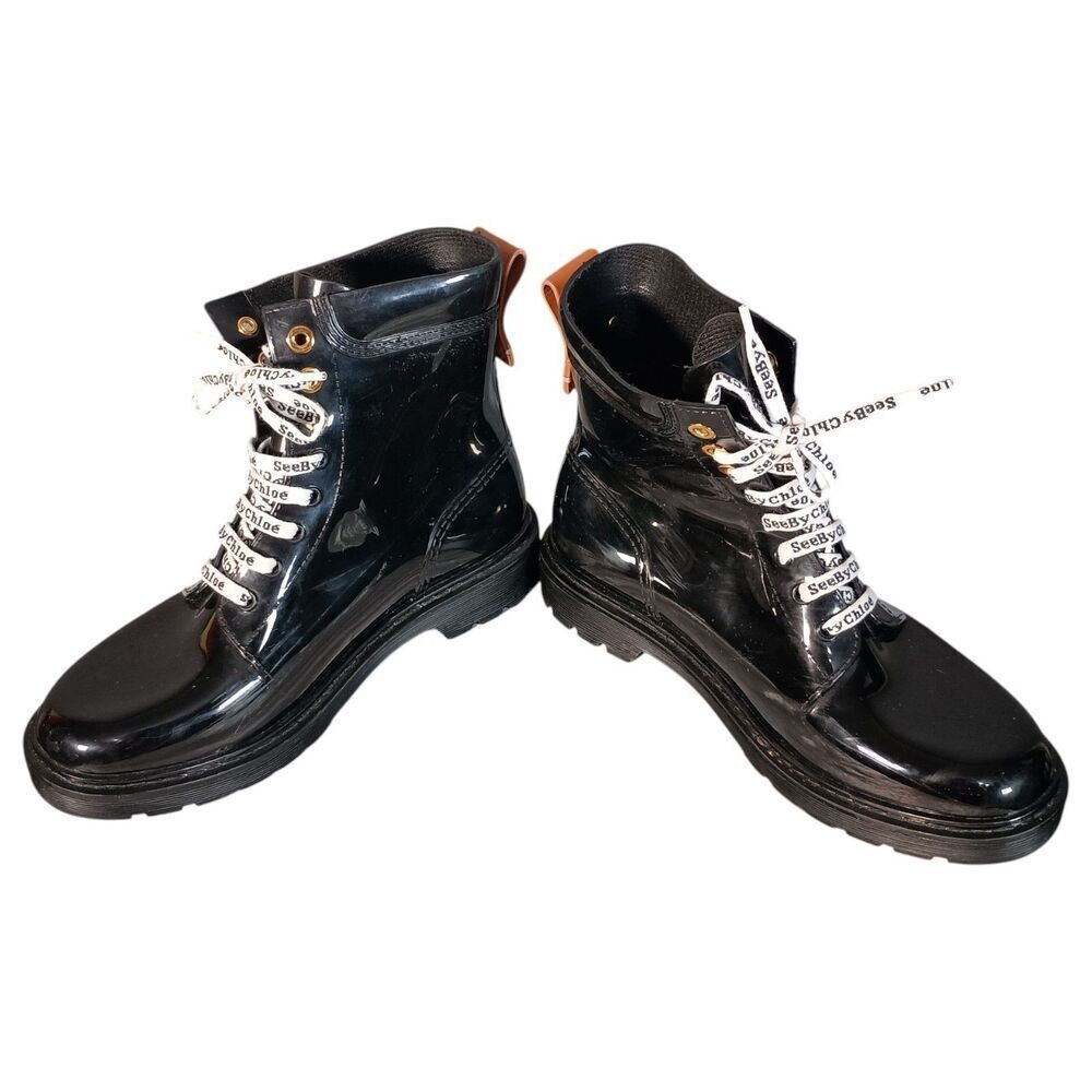 See By Chloe Combat Boots Women 40/US 10 Black Rubber Logo Lace Up - Picture 5 of 10